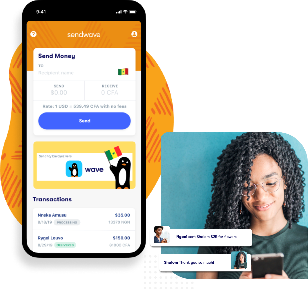 Example of the sendwave app in a phone placeholder
